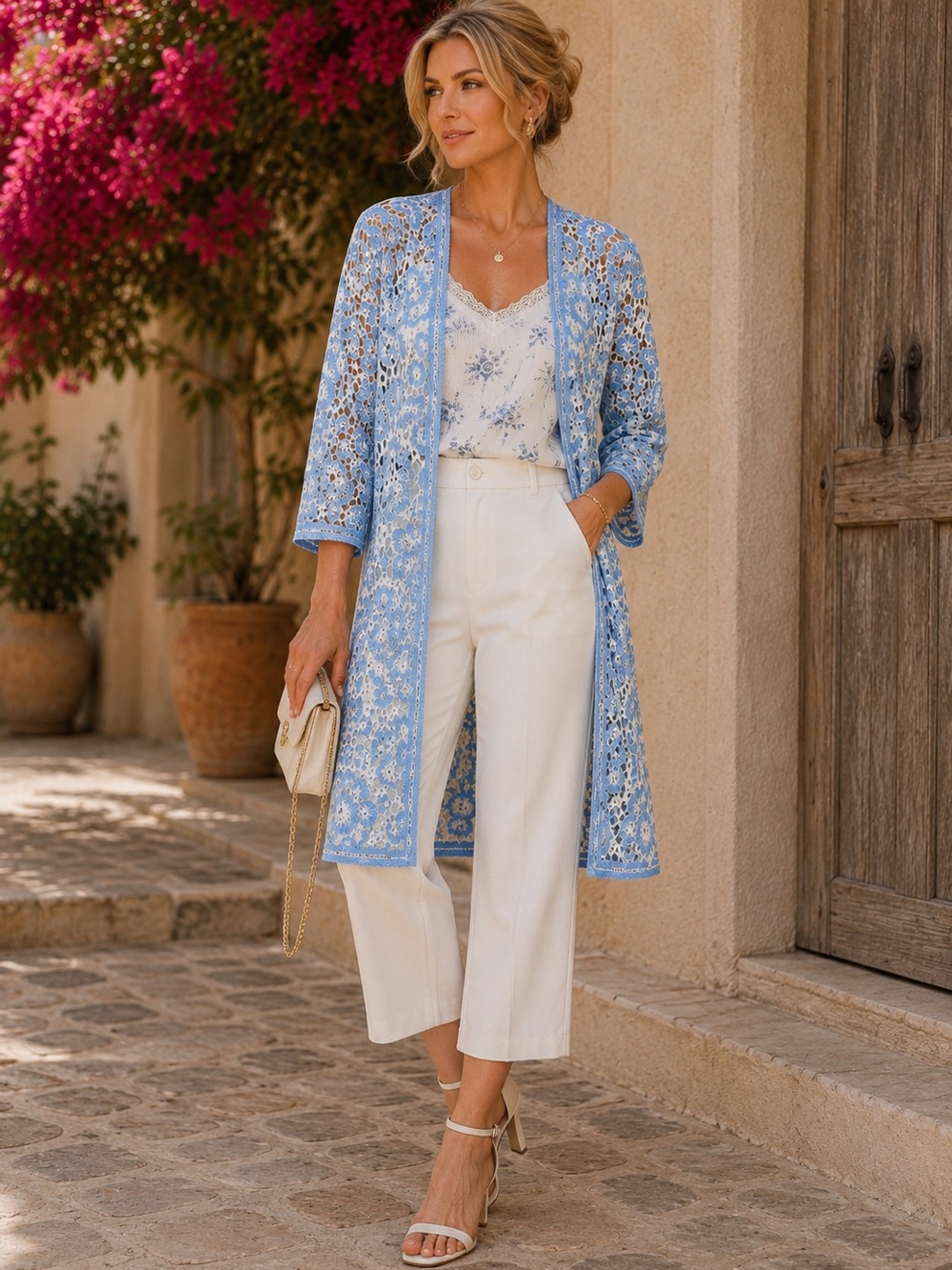 New POL Floral Crochet Long Sky Blue Duster Blue Cardigan
